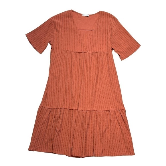 Zara Deep Orange V Neckline Short Sleeve Midi Dress US L - Picture 1 of 9